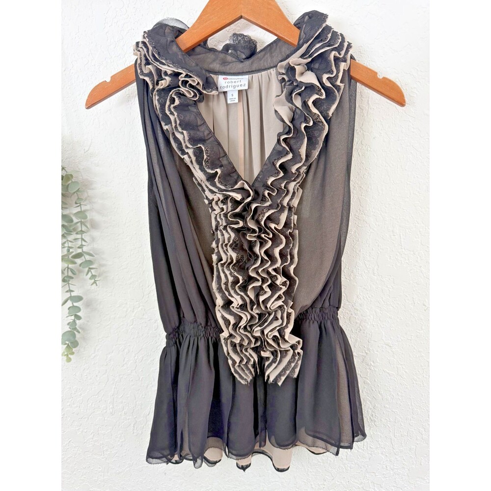 Robert Rodriguez for Nemian Marcus Black Ruffle Sleeveless Chiffon Blouse Sz S